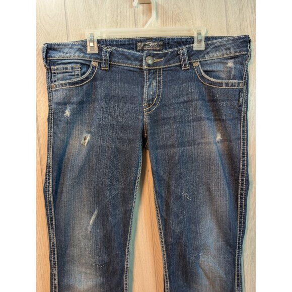 Silver Jeans Co Womens Blue Twisted Denim Jeans Sz 34x33 Distressed Low Rise - Picture 2 of 12